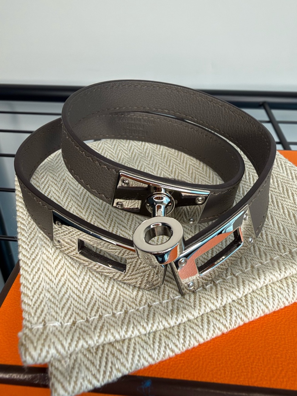 Authentic Hermès Kelly Double Tour Bracelet Gris Étain Swift Leather T5 Full Set